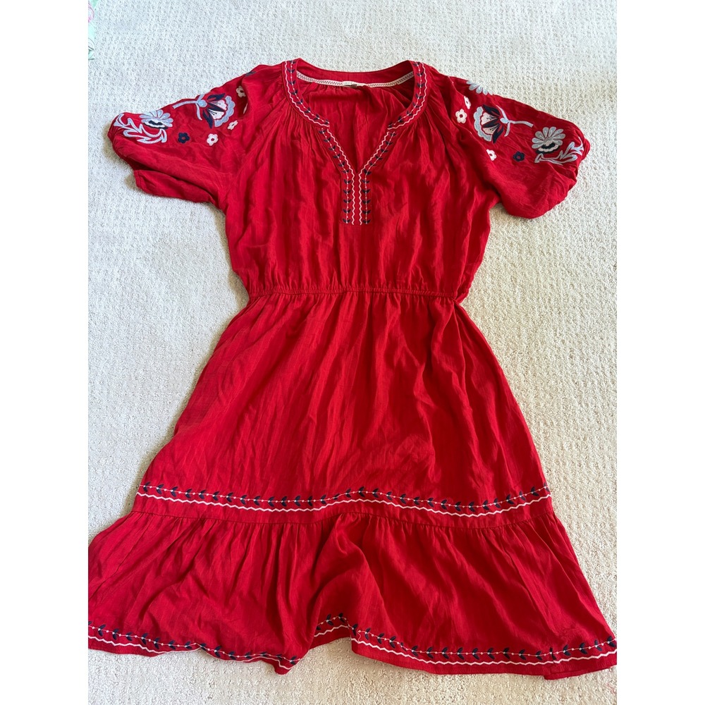 Kate & Sam Red Embroidered Floral Boho Rayon Midi Dress XL Short Puff Sleeve